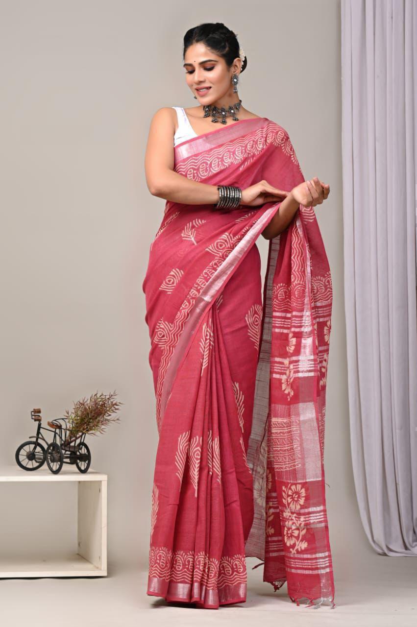 Buy Red Printed Pure Linen Saree