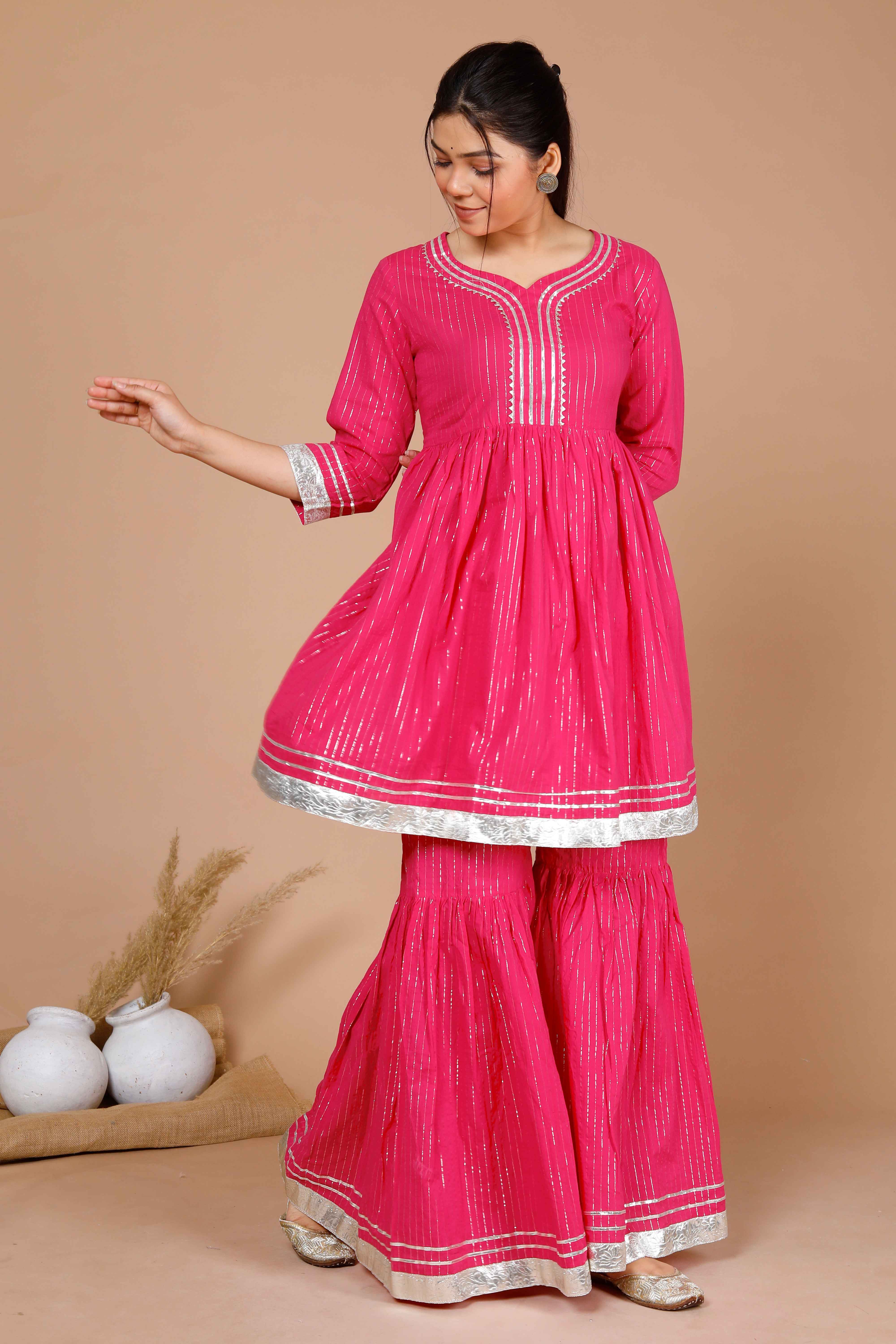Pink Printed A-Line Gotta Patti Lurex Cotton Kurti with Sharara Set