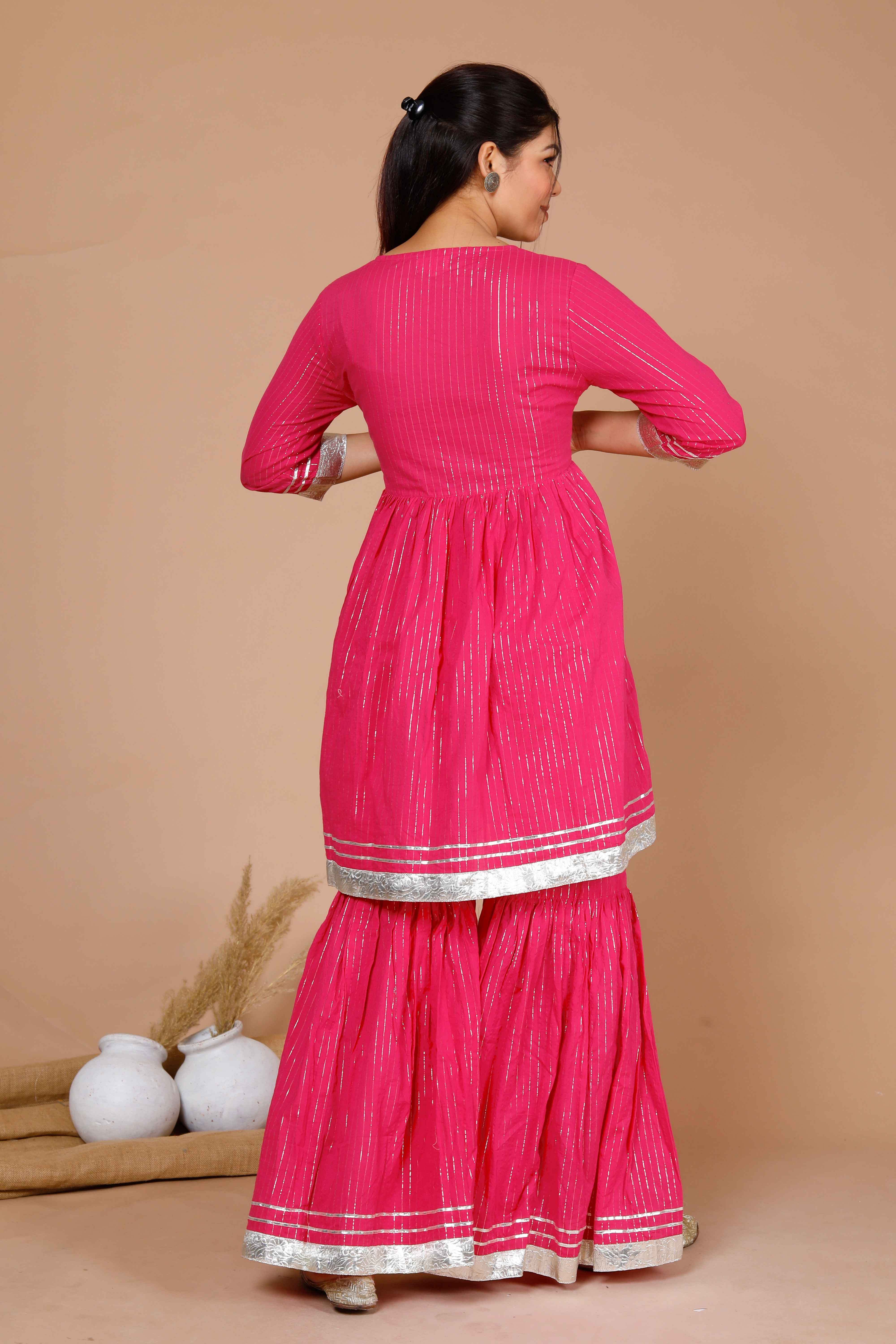 Pink Printed A-Line Gotta Patti Lurex Cotton Kurti with Sharara Set