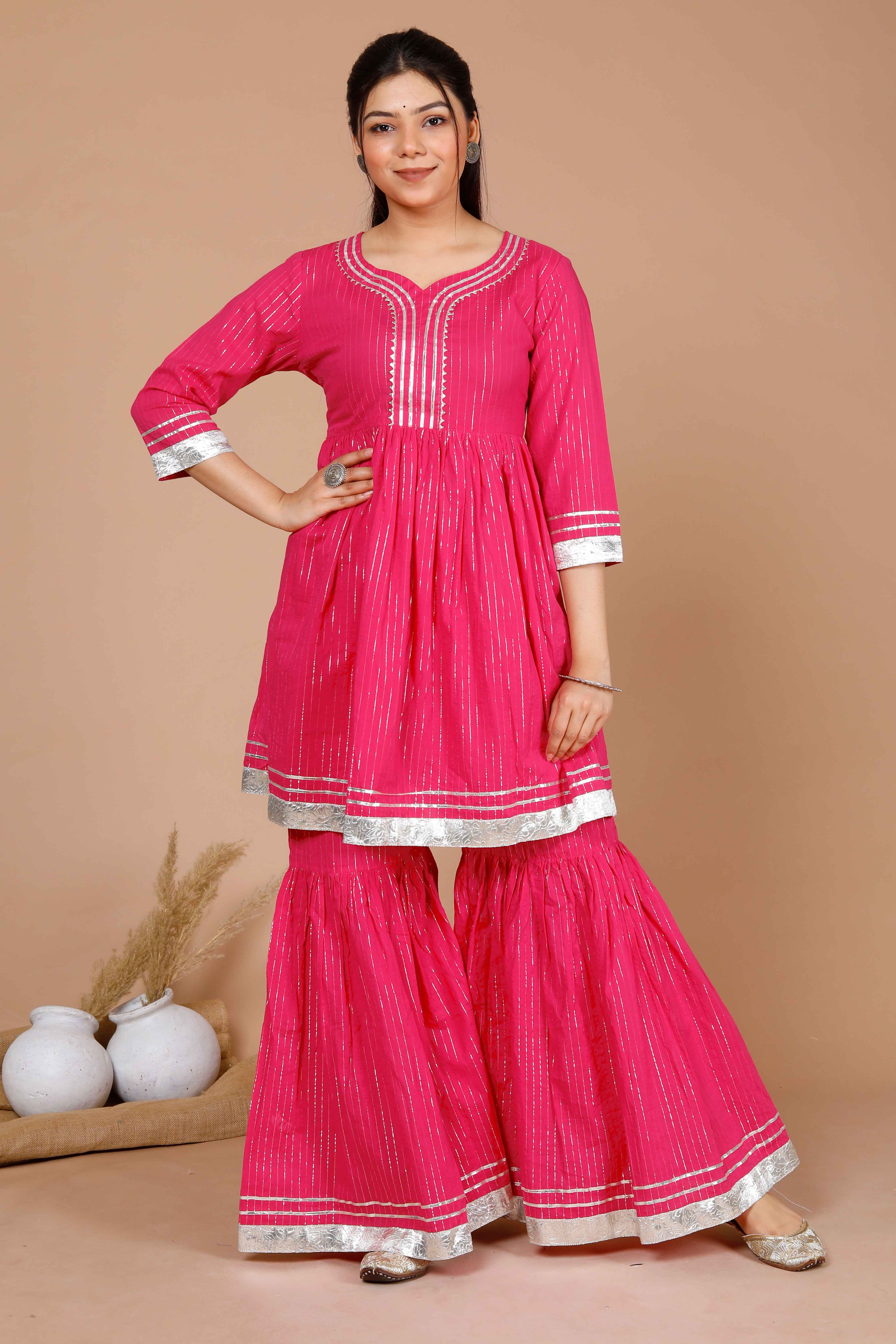 Pink Printed A-Line Gotta Patti Lurex Cotton Kurti with Sharara Set