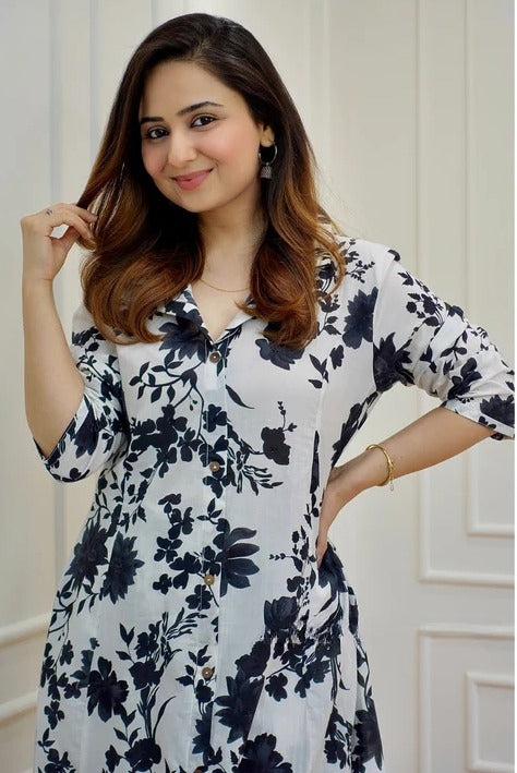 Black & White Cotton Kurti Pant Set