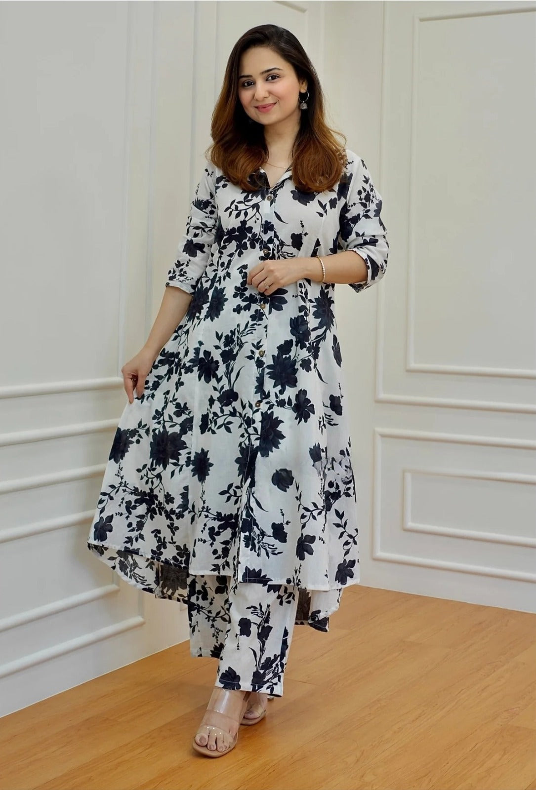 Black & White Cotton Kurti Pant Set