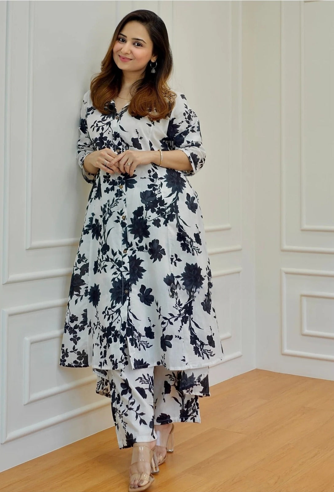 Black & White Cotton Kurti Pant Set