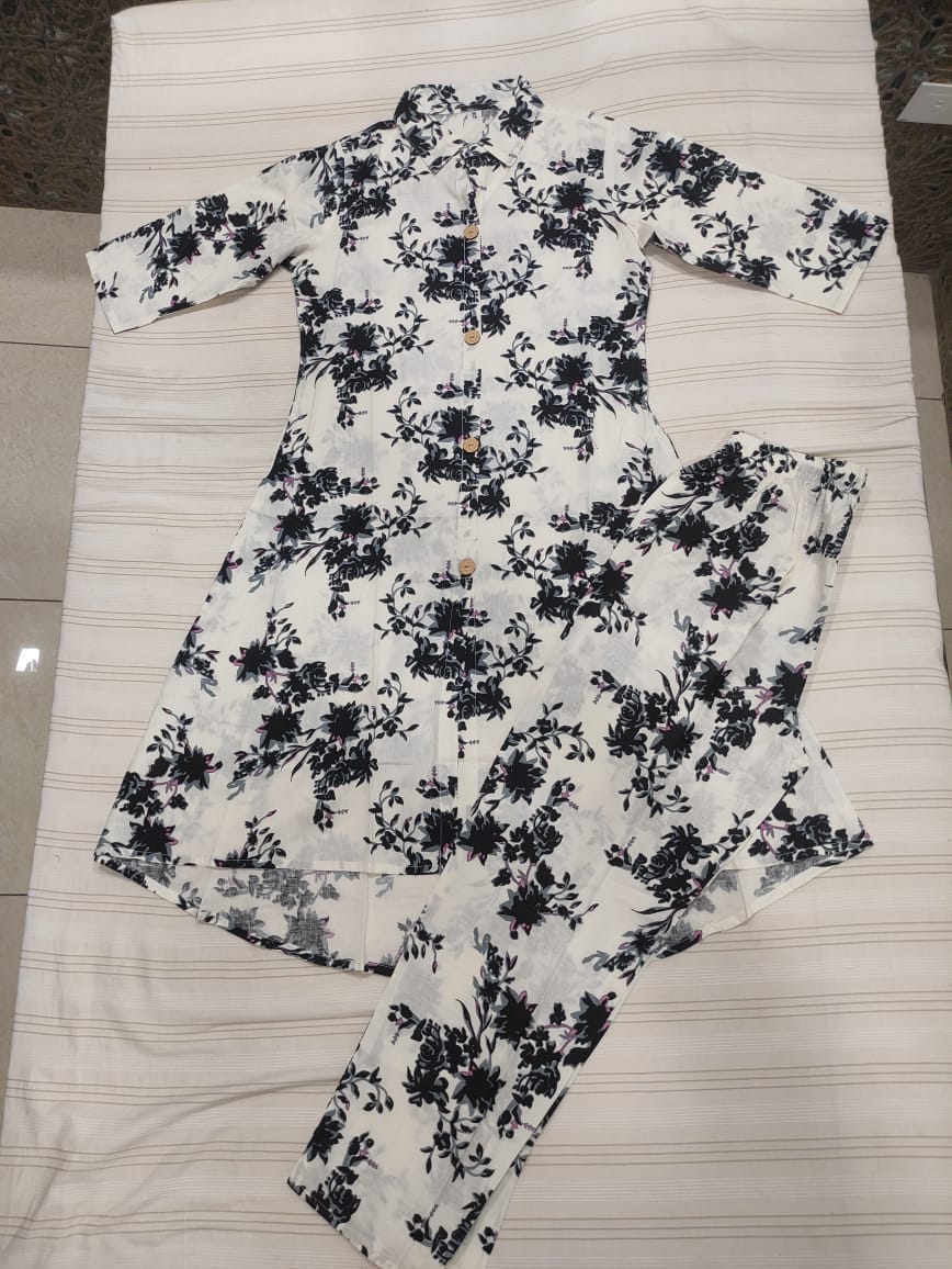 Black & White Cotton Kurti Pant Set