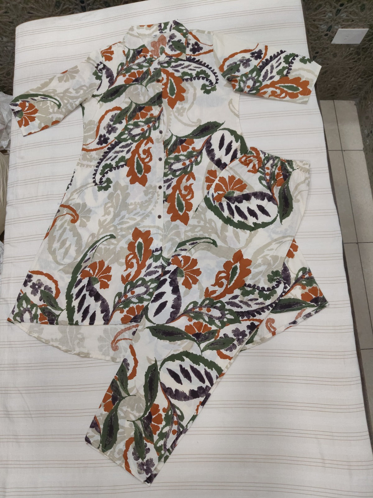 Green & Orange Cotton Kurti Pant Set