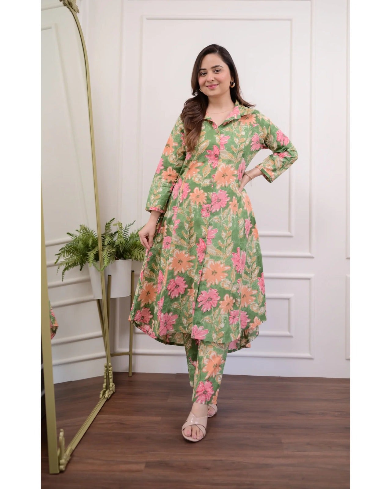 Green Cotton Kurti Pant Set