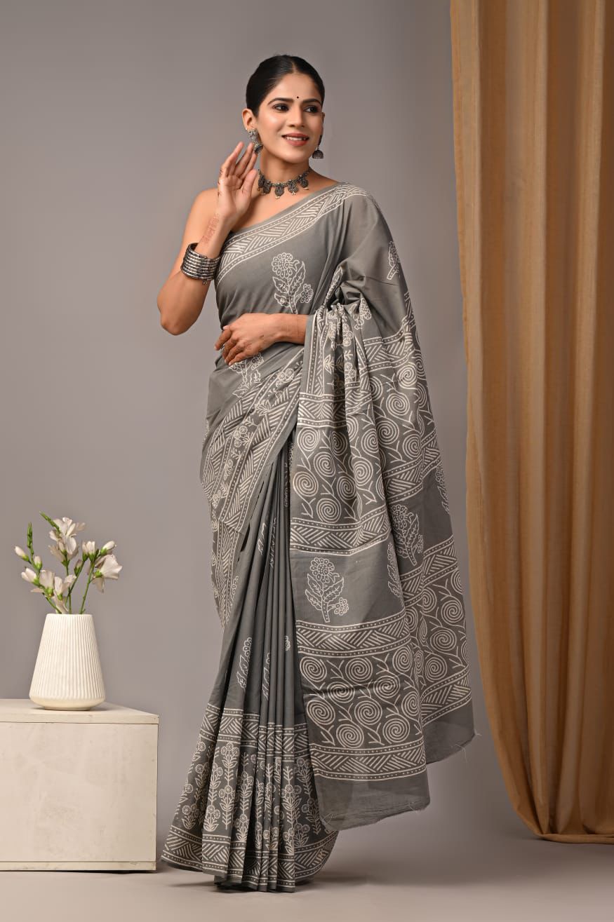 Buy Grey Printed Pure Linen Saree With Blouse