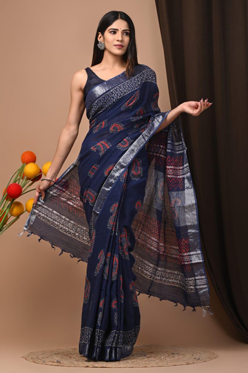 Buy Blue Printed Pure Linen Saree