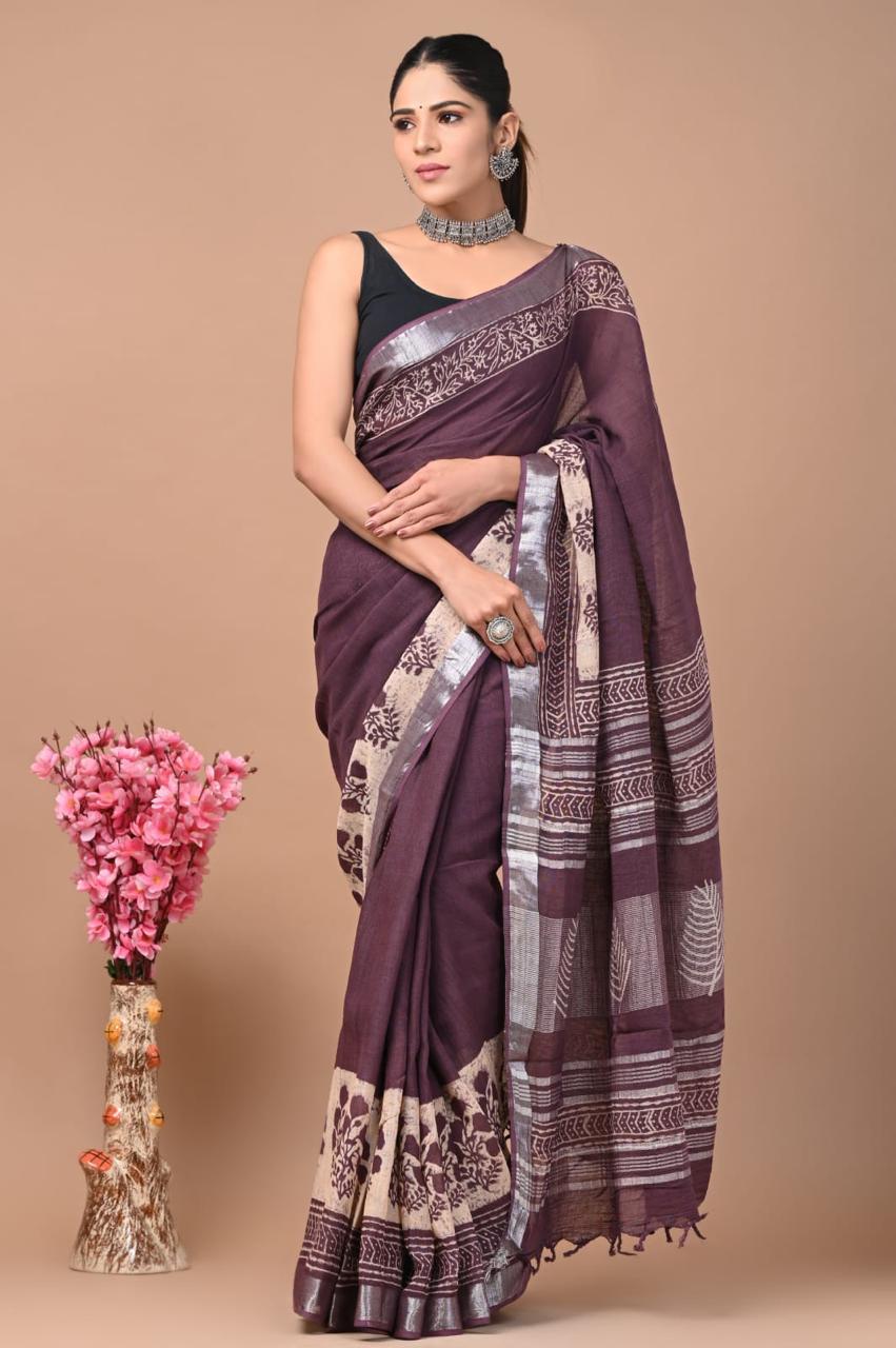Buy Pure Linen Plum Bronze Saree – Premium Lightweight Festive & Office Wear Saree with Blouse Piece