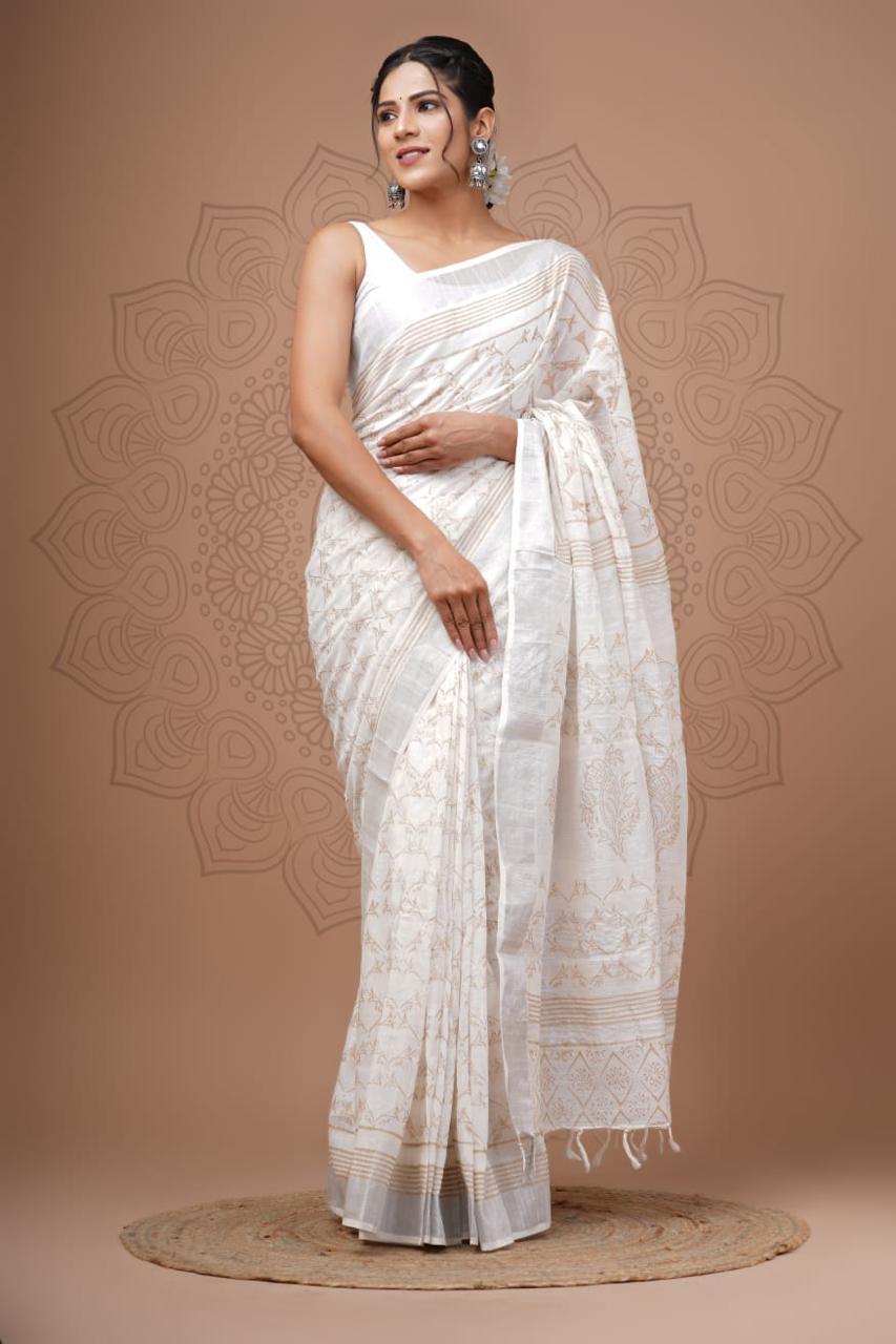 Buy Pure Linen White Golden Printed Saree | Premium Lightweight Festive & Office Wear Saree with Blouse Piece