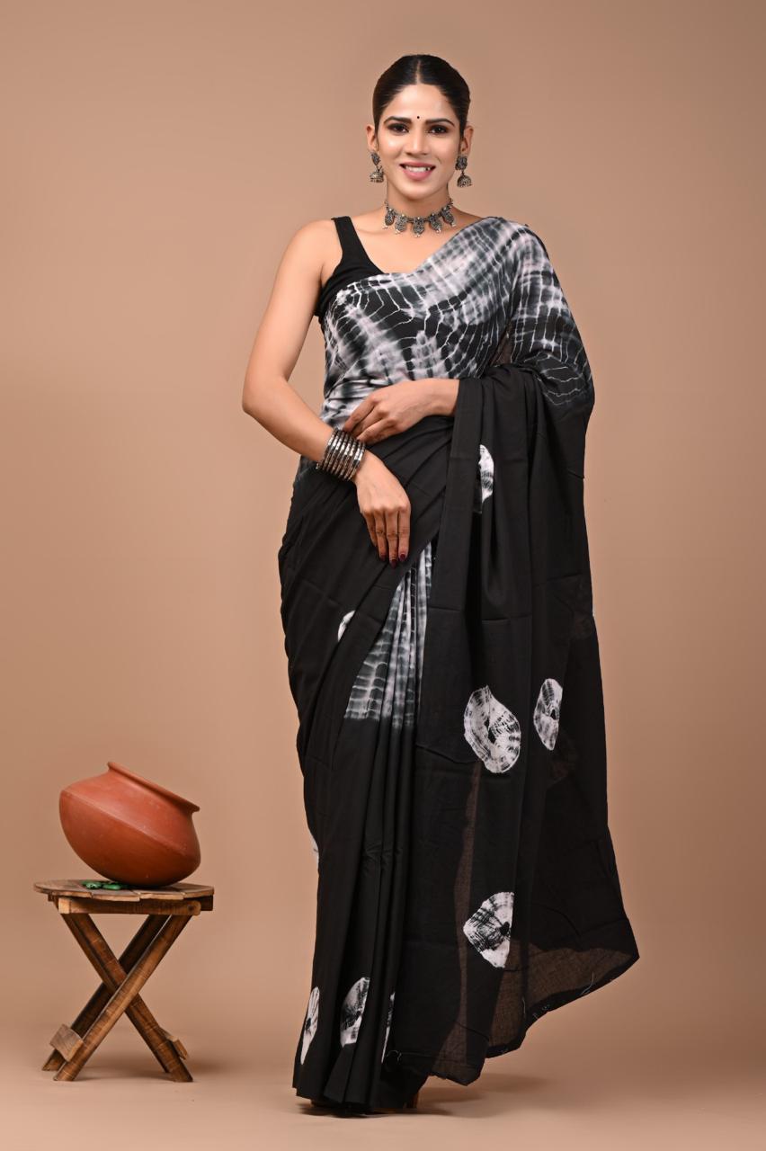 Buy Elegant Black & White Tie-Dye Cotton Saree – Soft Fabric