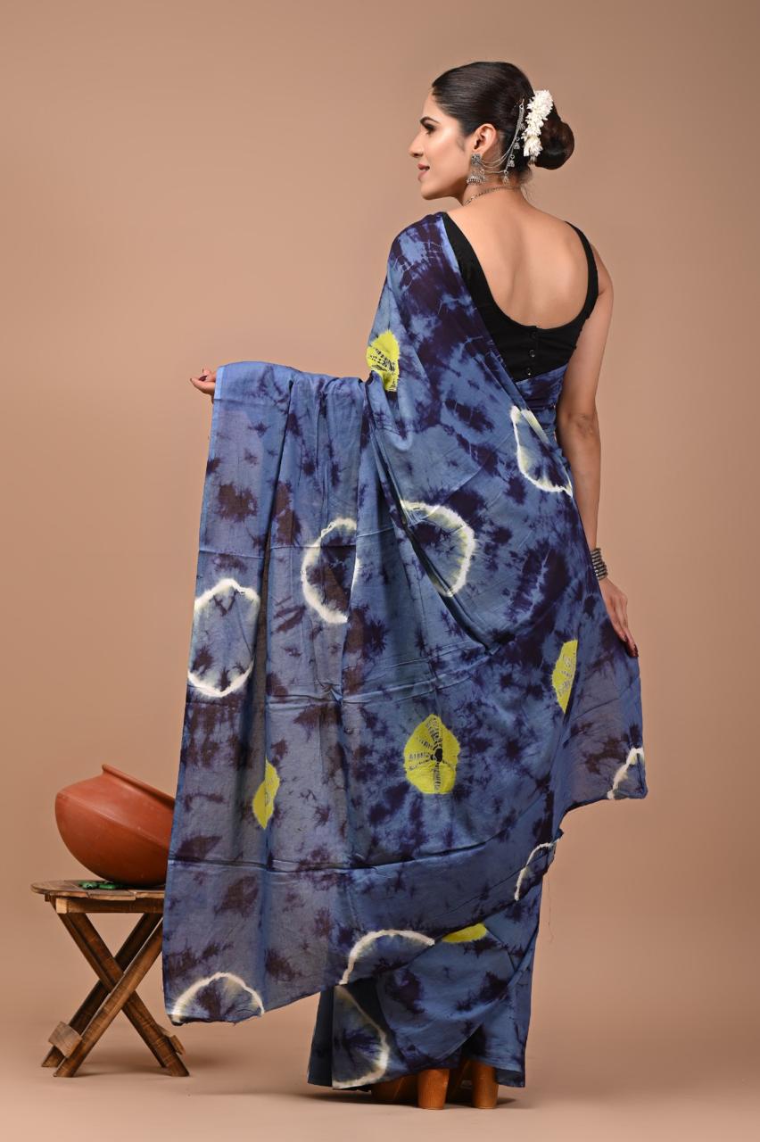 Buy Blue Tie-Dye Pure Cotton Mulmul Saree with Yellow Accents & Blouse Piece
