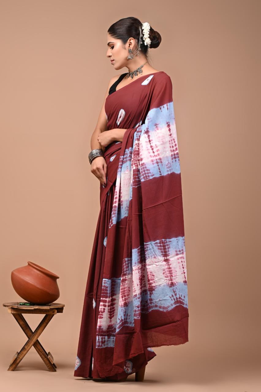 Buy Pure Cotton Saree – Maroon with Blue & White Shibori Pattern