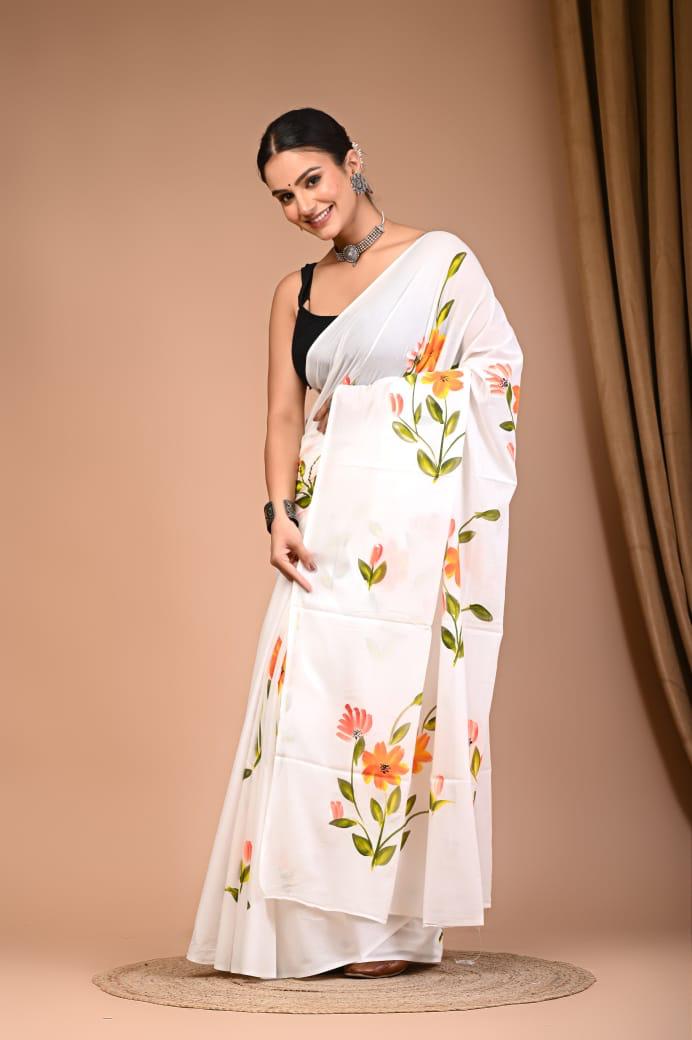 Premium Pure Cotton Mulmul Saree – White Floral Soft Drape