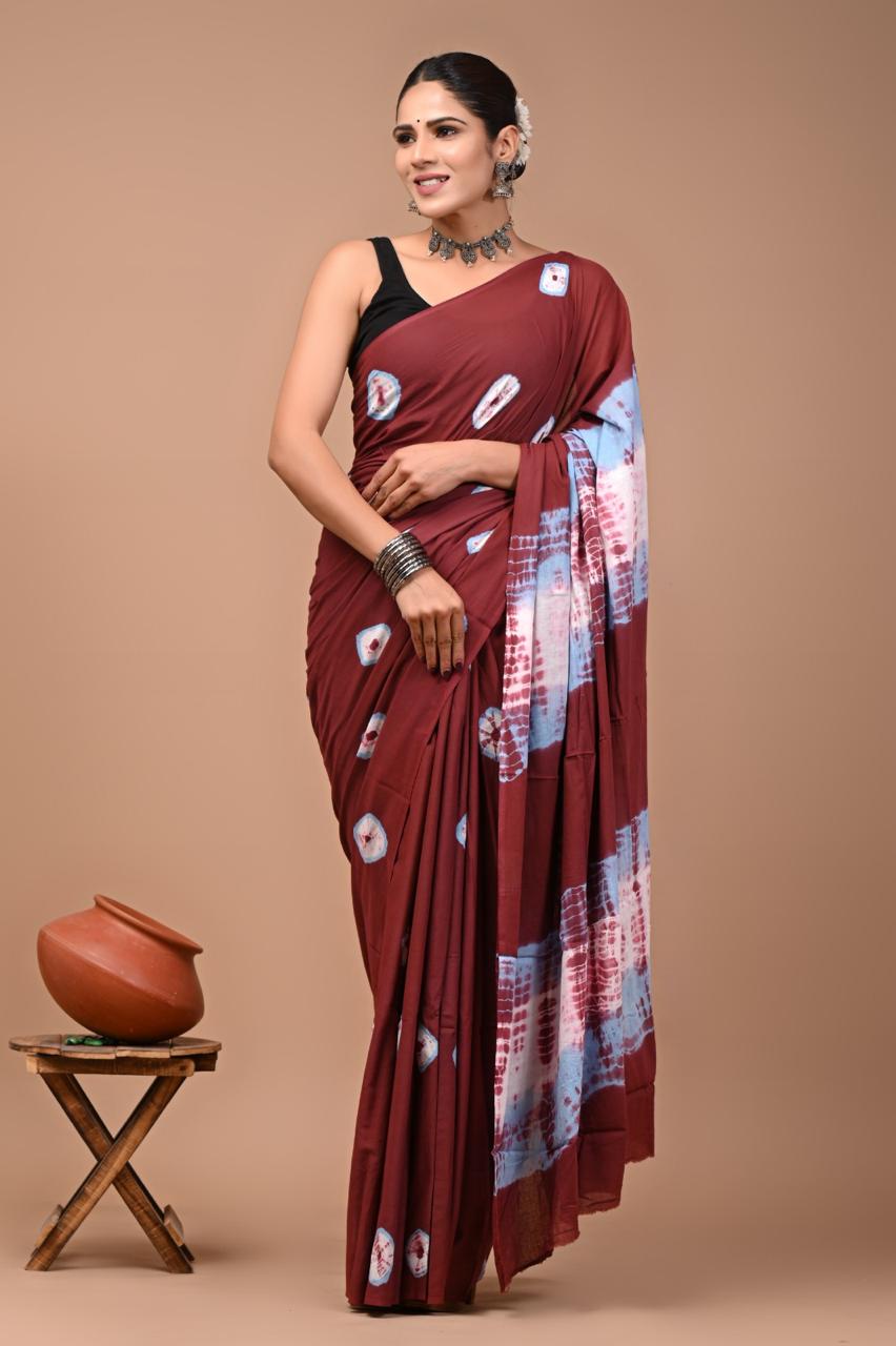 Buy Pure Cotton Saree – Maroon with Blue & White Shibori Pattern