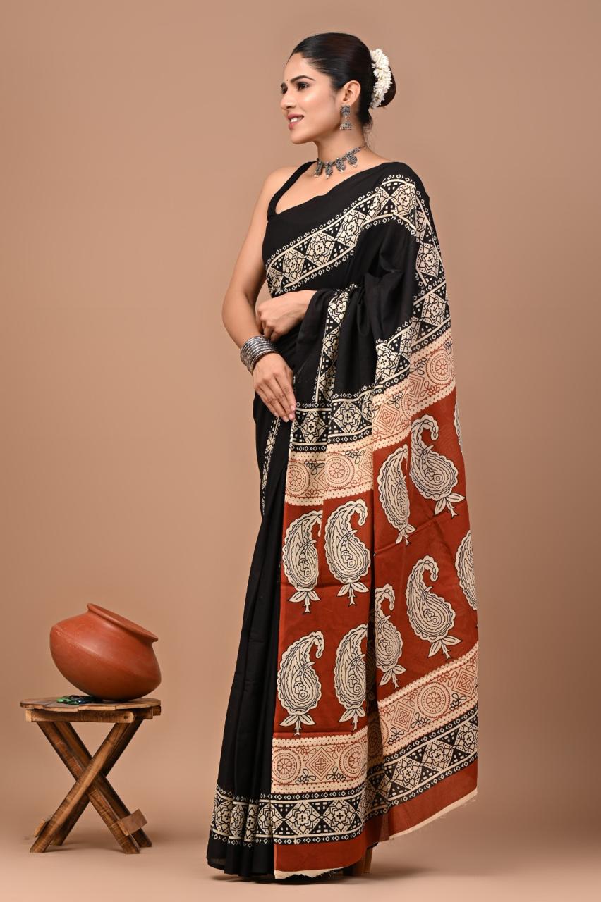 Buy Pure Cotton Black & Rust Paisley Print Saree – Premium Lightweight Daily & Office Wear Saree