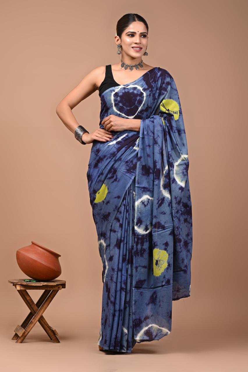 Buy Blue Tie-Dye Pure Cotton Mulmul Saree with Yellow Accents & Blouse Piece