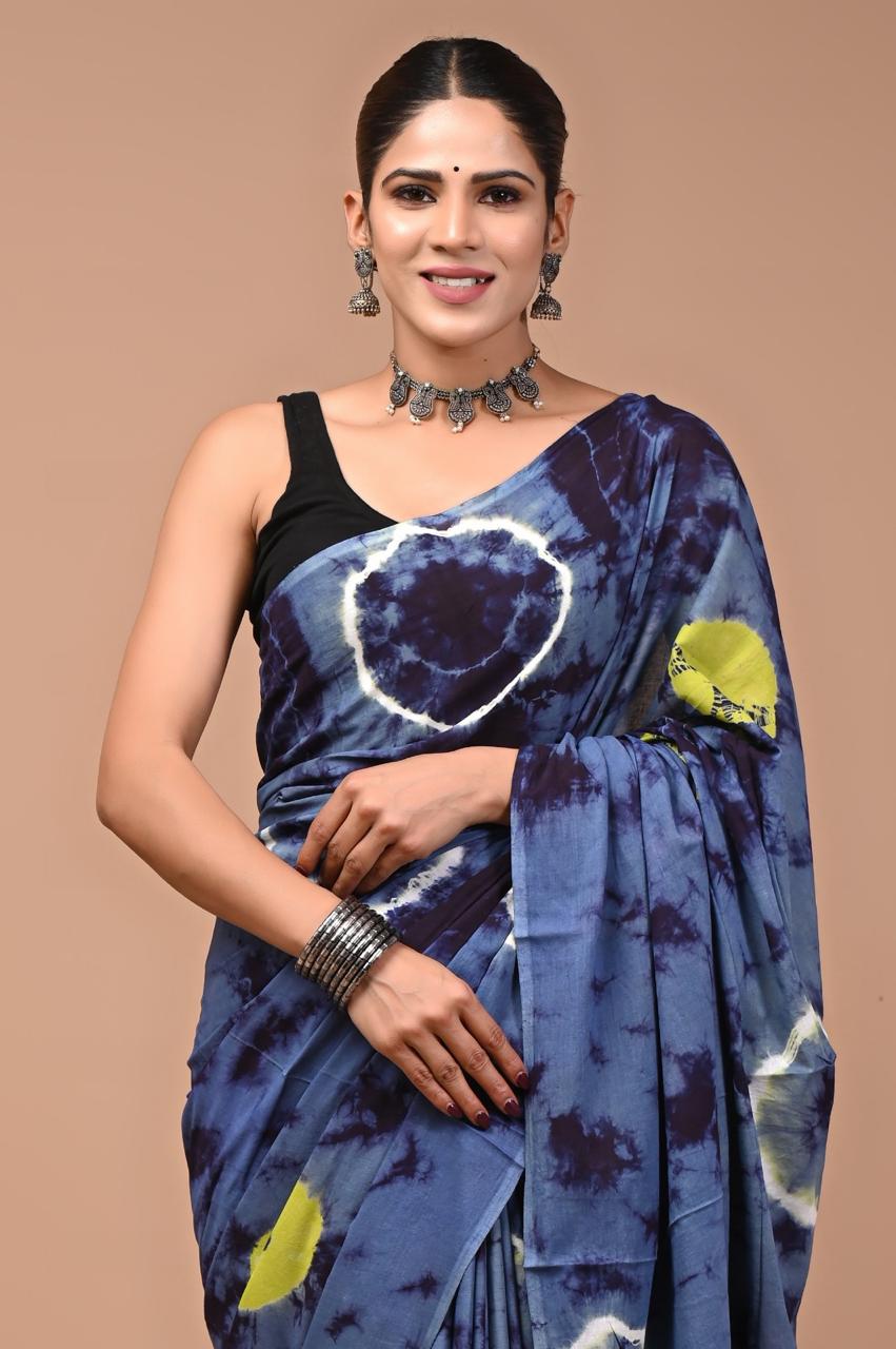 Buy Blue Tie-Dye Pure Cotton Mulmul Saree with Yellow Accents & Blouse Piece