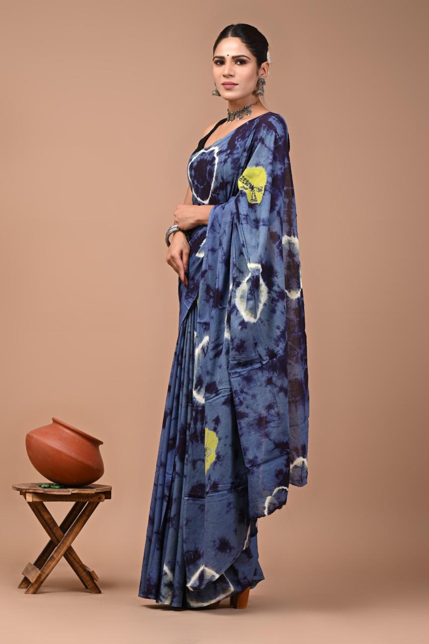 Buy Blue Tie-Dye Pure Cotton Mulmul Saree with Yellow Accents & Blouse Piece