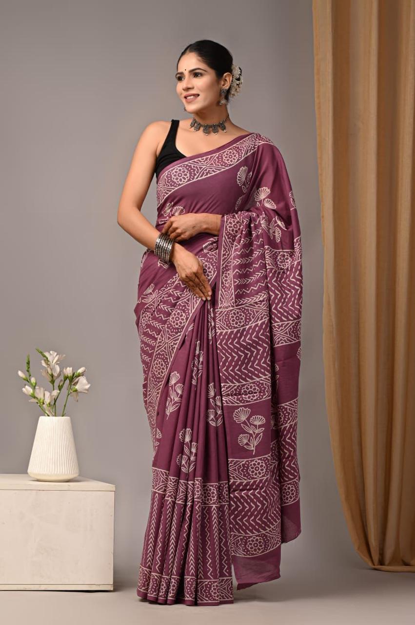 Buy Premium Cotton Saree –  Purple Handblock Motifs
