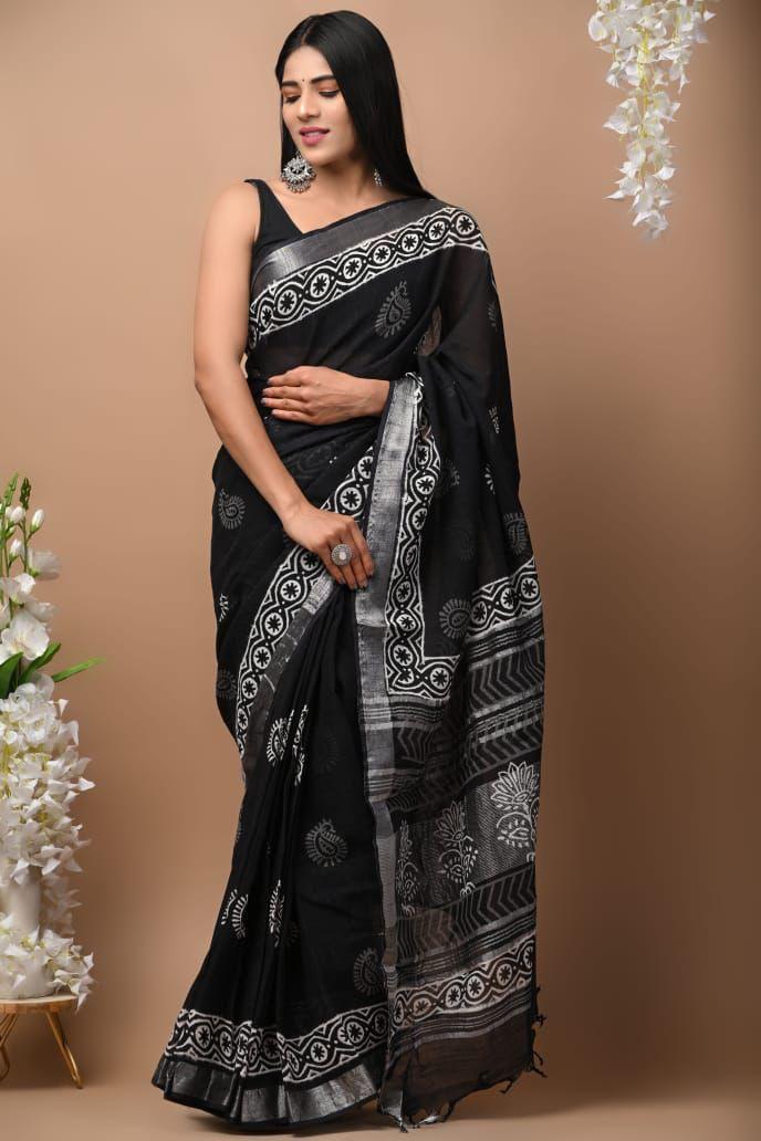 Buy Pure Linen Black & Silver Printed Saree – Premium Party & Festive Wear Saree with Blouse Piece