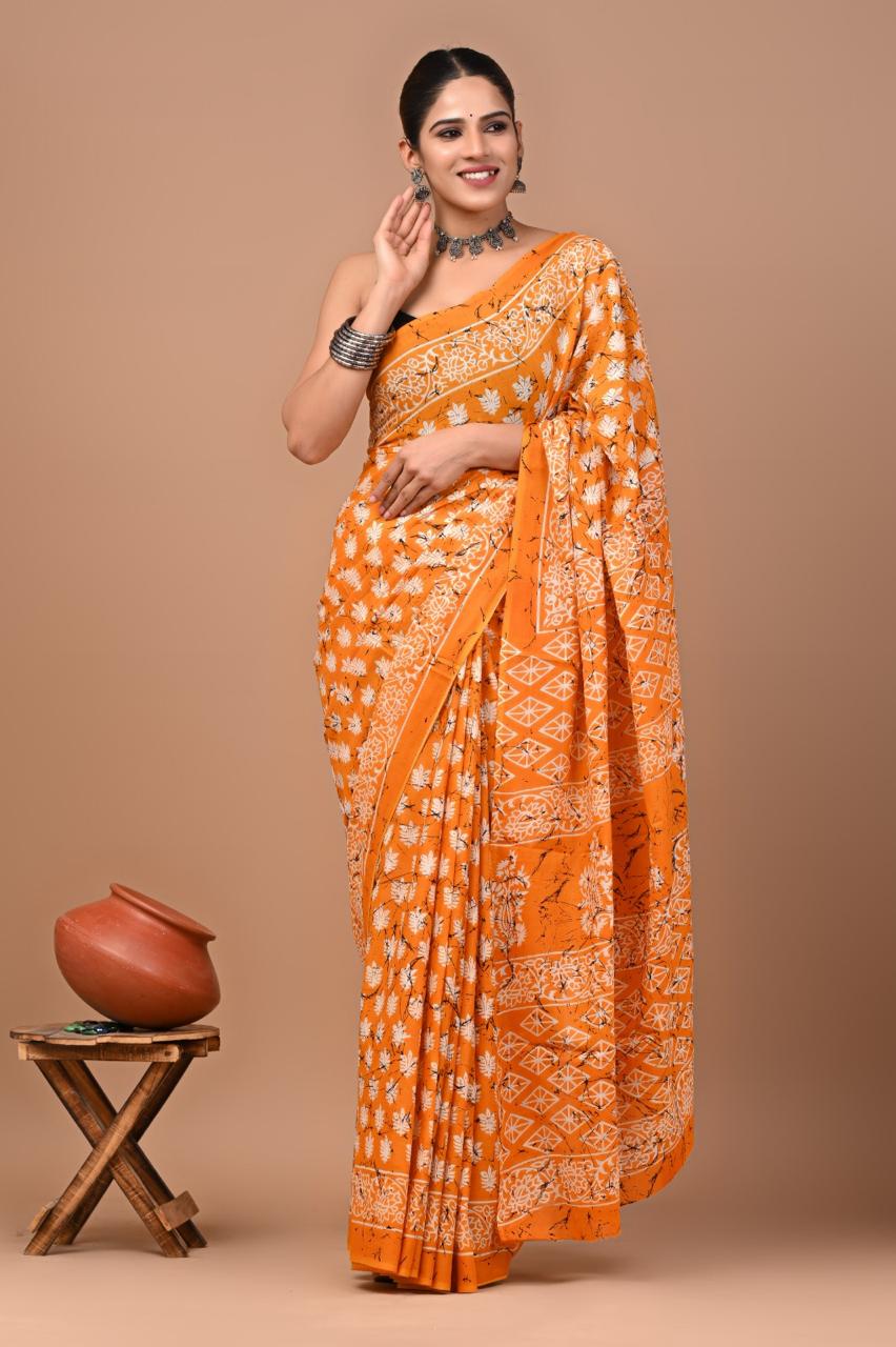 Buy Pure Cotton Orange Printed Saree | Soft Lightweight Daily & Festive Wear Saree