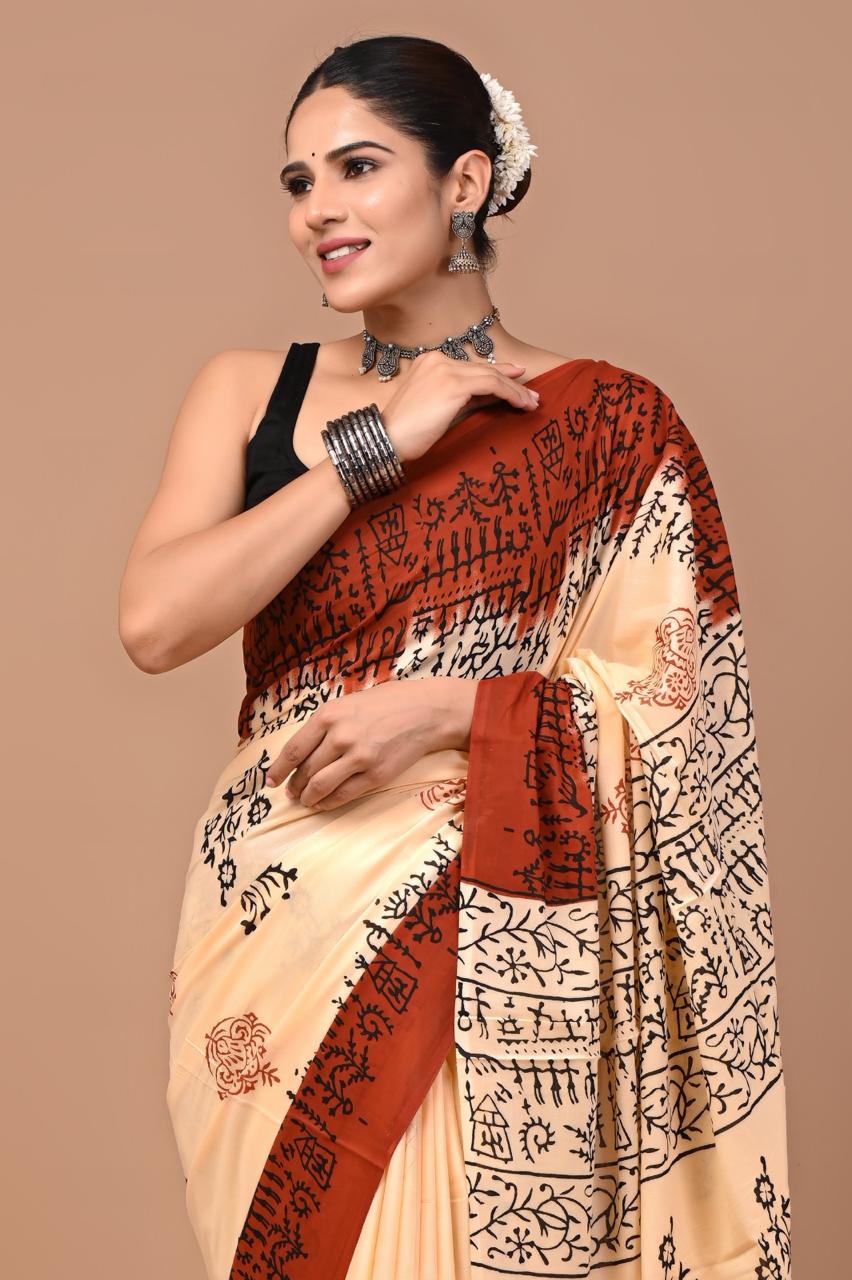 Buy Pure Cotton Cream & Rust Warli Print Saree – Soft Lightweight Daily & Festive Wear Saree
