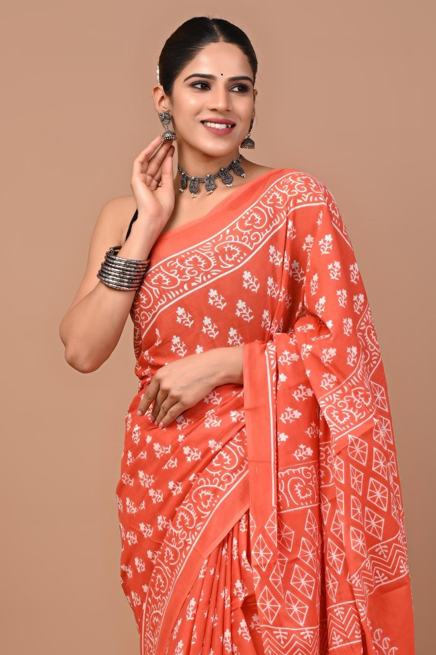 Buy Pure Cotton Orange Handblock Print Saree | Lightweight Daily & Office Wear Saree
