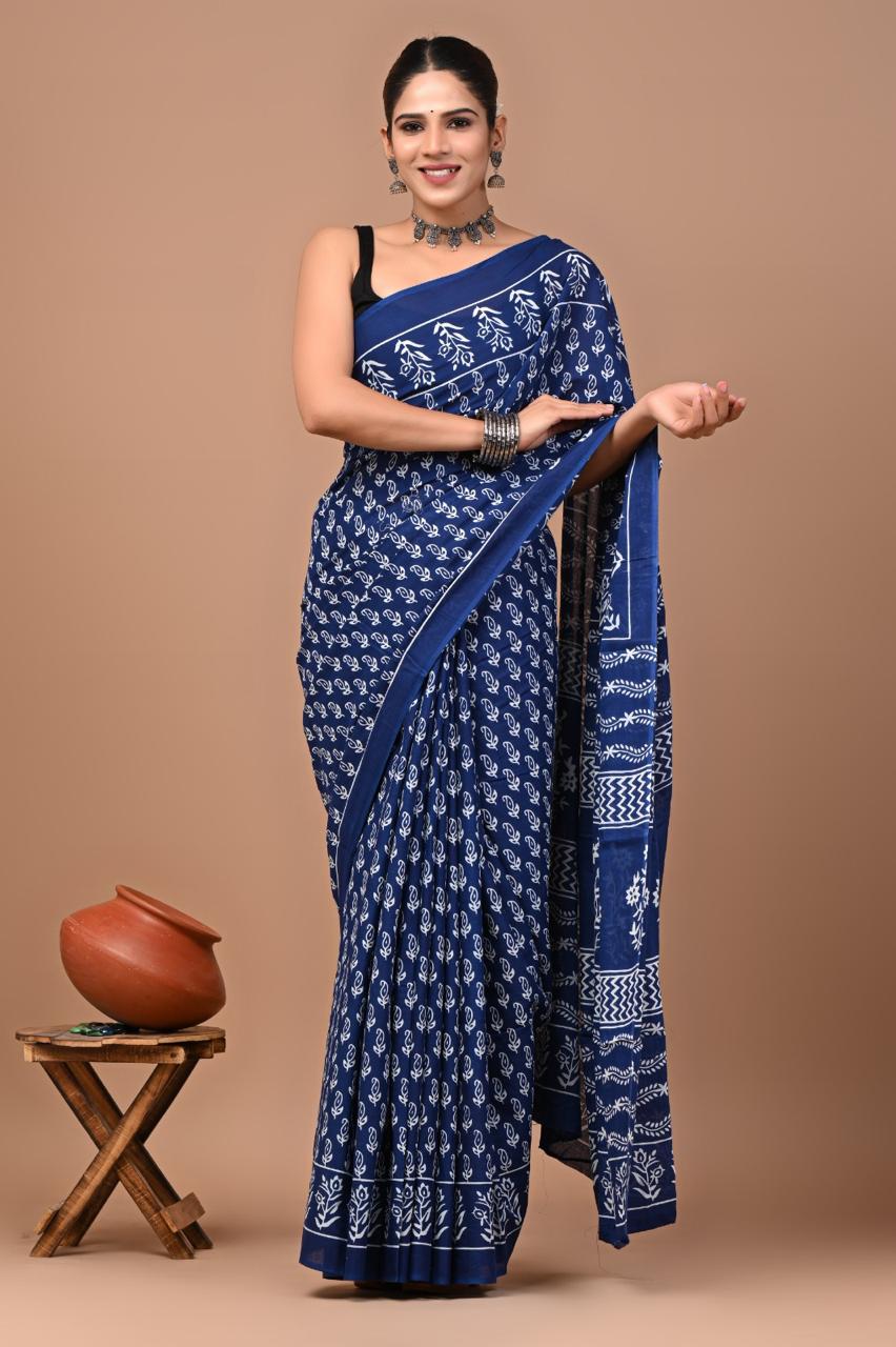 Buy Pure Cotton Blue Handblock Print Saree | Daily Wear Saree with Blouse Piece