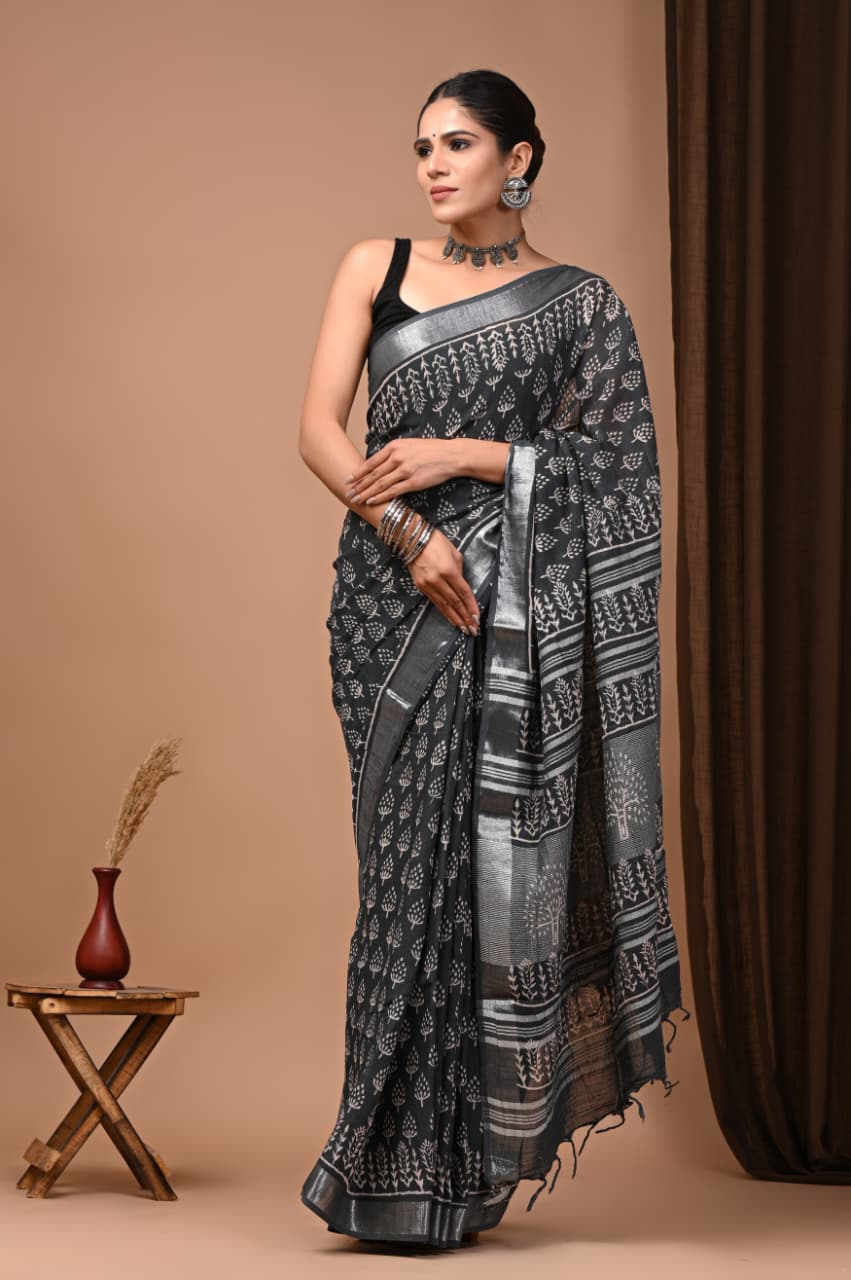pure linen printed saree in black and grey shade with blouse piece