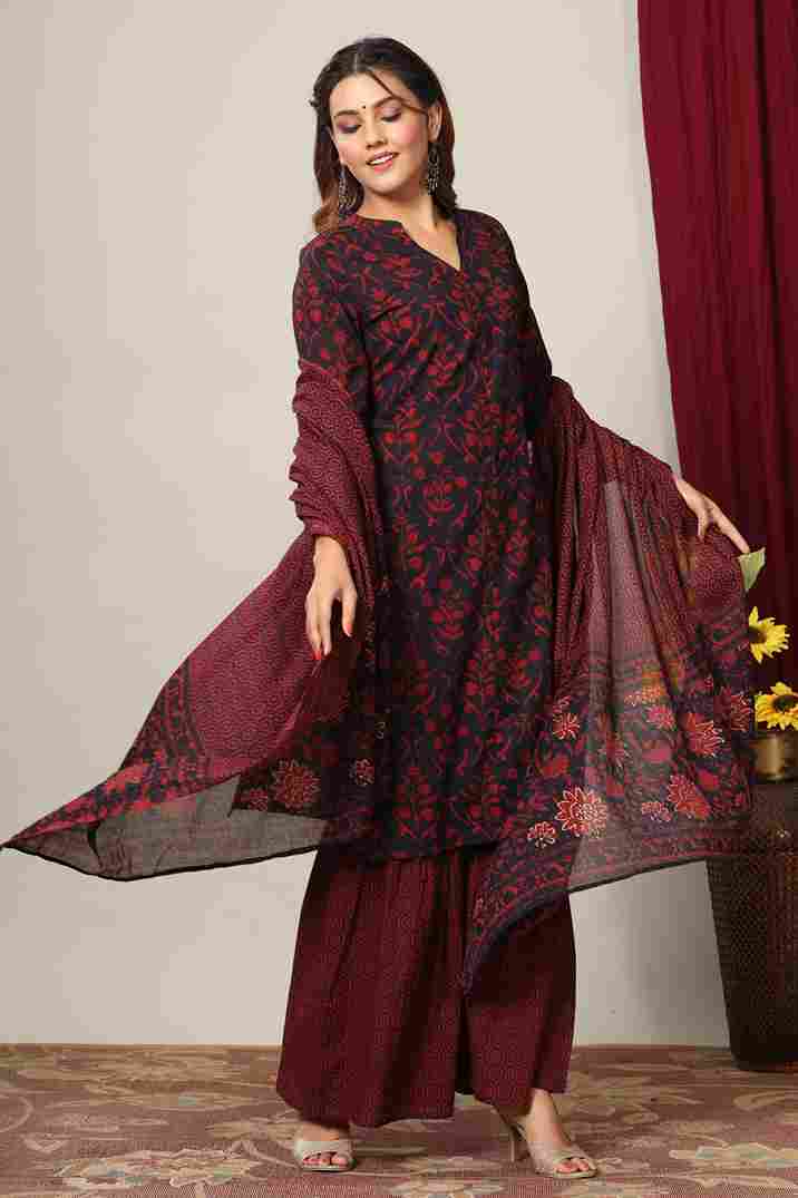 Maroon Floral Cotton Straight Kurta with Sharara & Dupatta Set