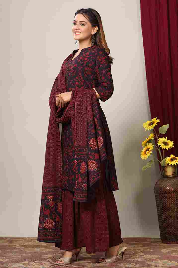 Maroon Floral Cotton Straight Kurta with Sharara & Dupatta Set
