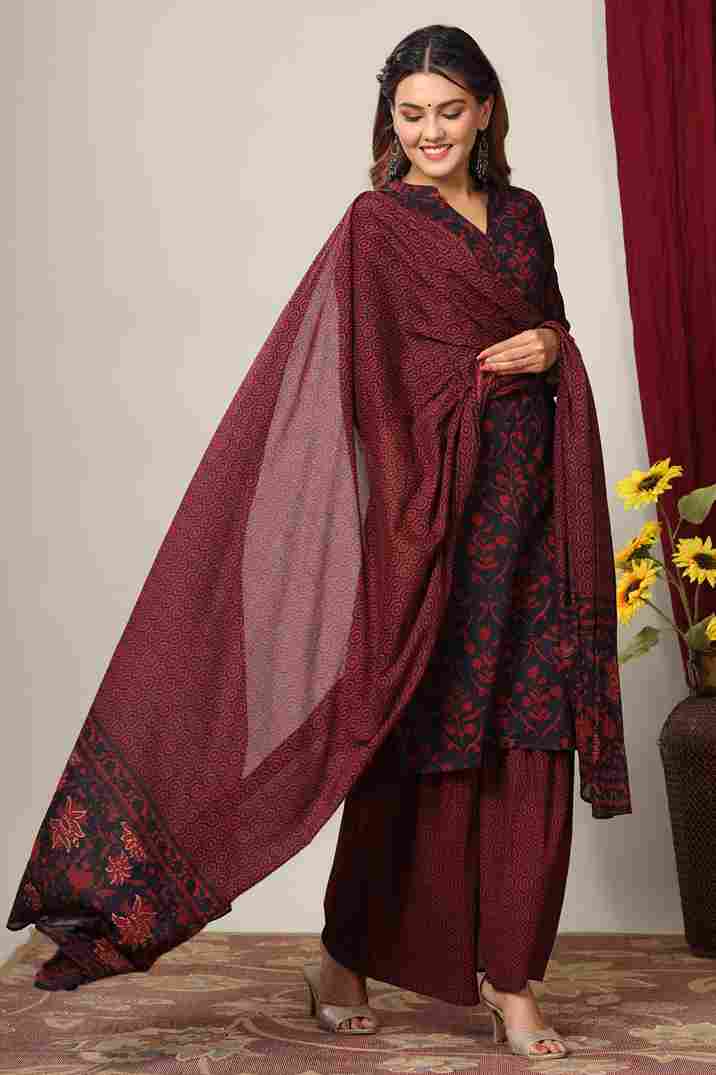 Maroon Floral Cotton Straight Kurta with Sharara & Dupatta Set