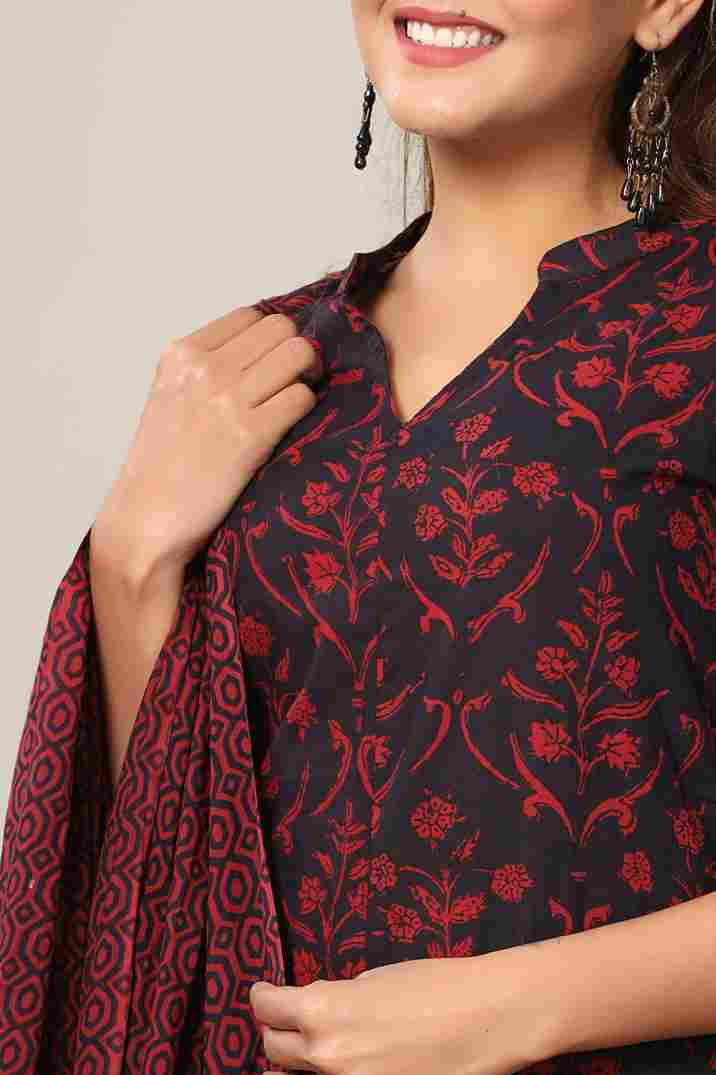 Maroon Floral Cotton Straight Kurta with Sharara & Dupatta Set