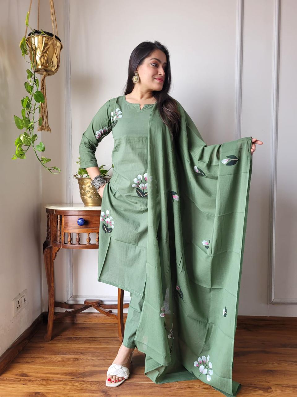 Buy Pure Cotton Kurti Pant Dupatta in Light Green
