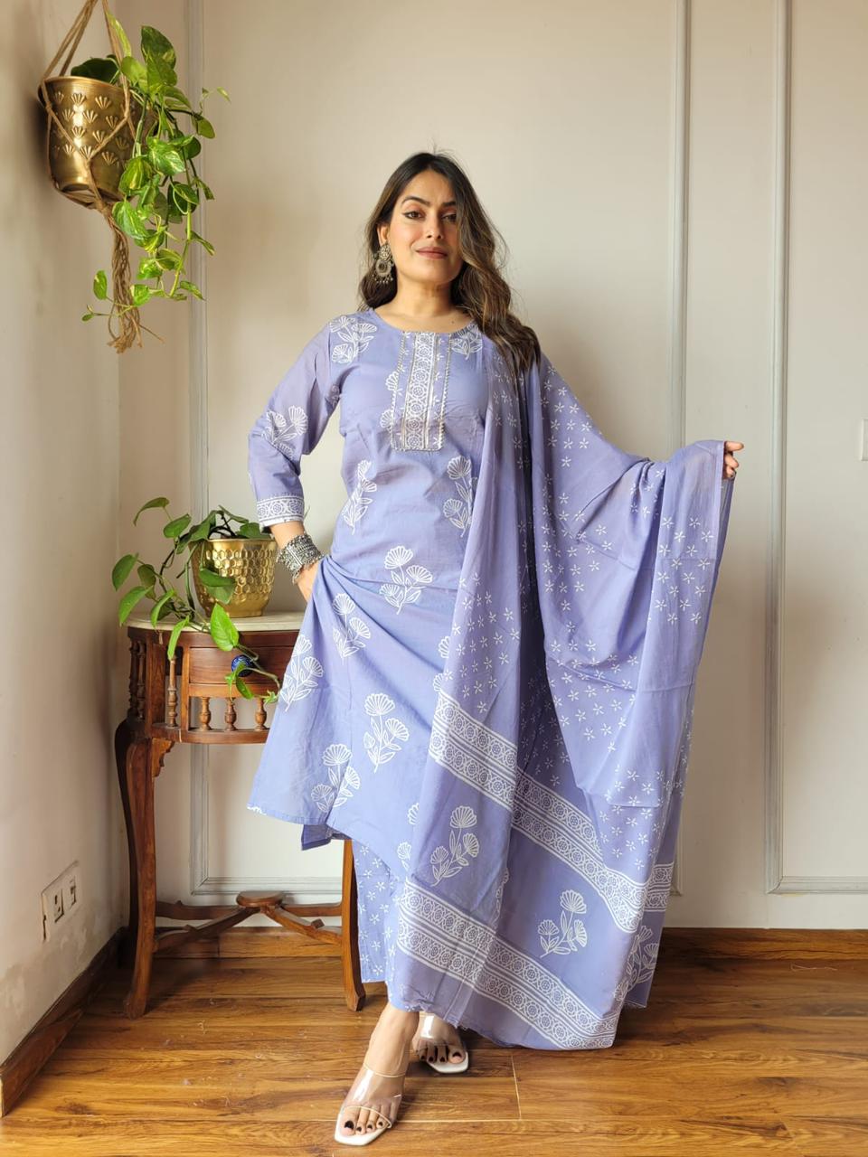 Buy Pure Cotton Kurti Pant Dupatta in Light Blue