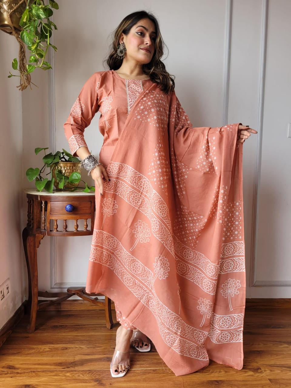 Buy Pure Cotton Kurti Pant Dupatta in Peach